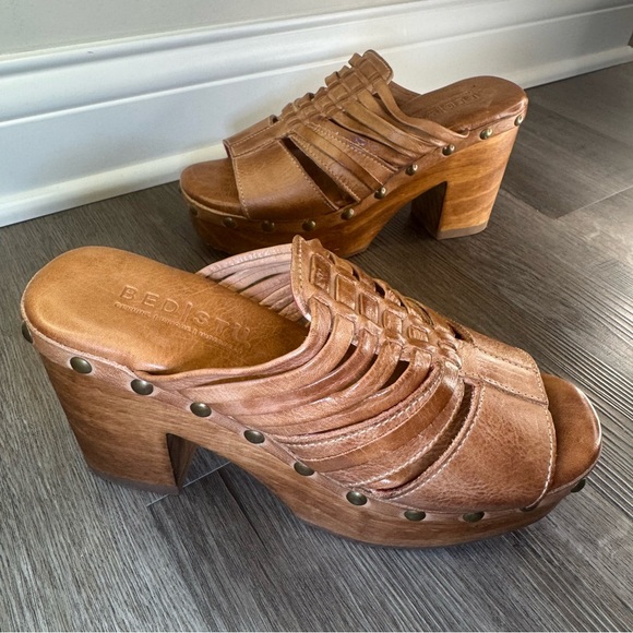 Bed Stu Shantel Platform Chunky Brown Tan Leather Mule Sandal Clogs - Picture 3 of 10